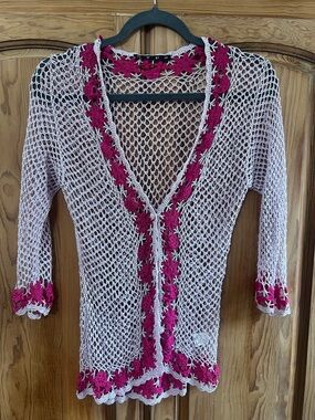 Hype Open Knit Crochet Lavender Cardigan with Pink Floral Trim